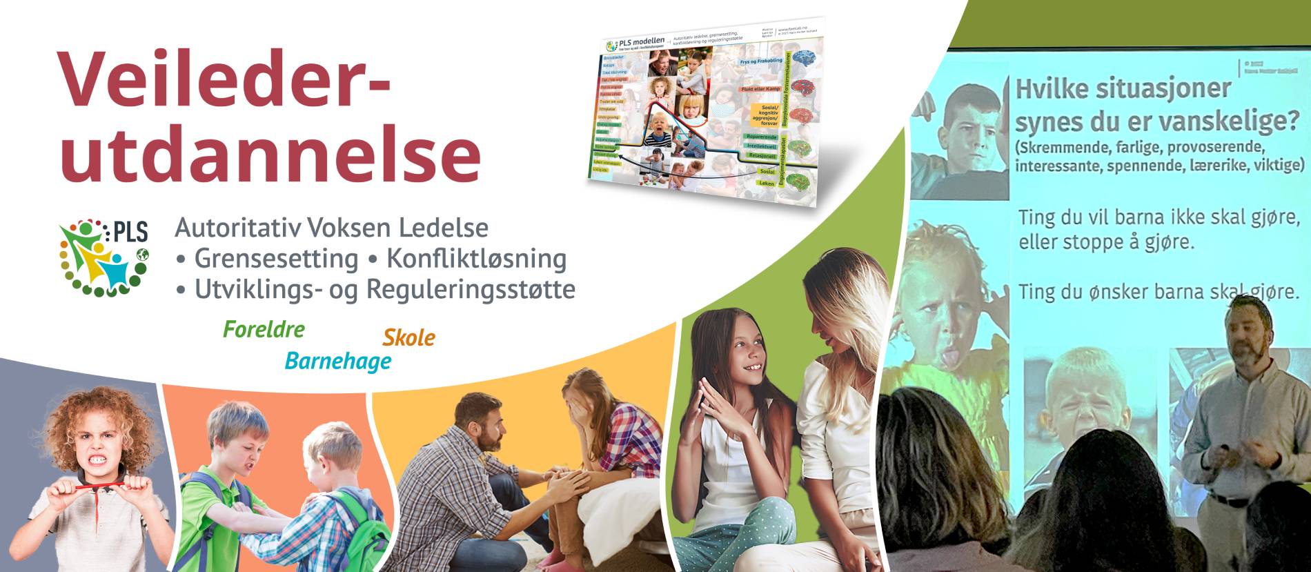 A collage for 'Veileder Utdannelse' program showing various educational and emotional support activities for parents and schools.